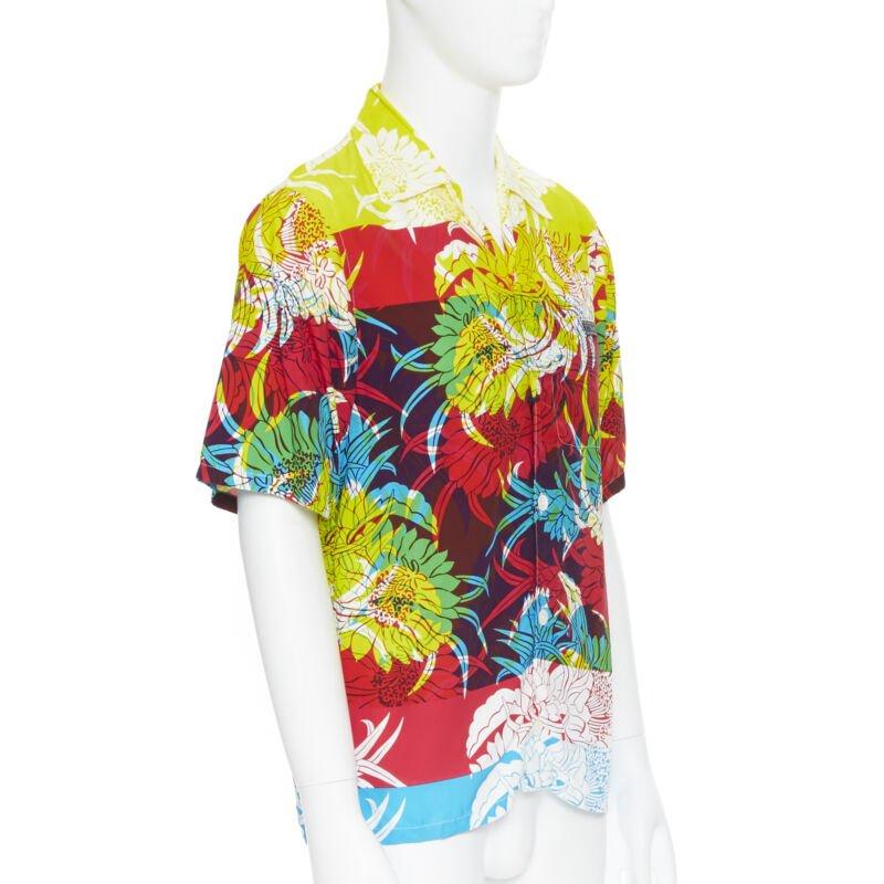 Beige PRADA 2018 Psychedelic Hibiscus yellow floral print Hawaiian bowling shirt S For Sale