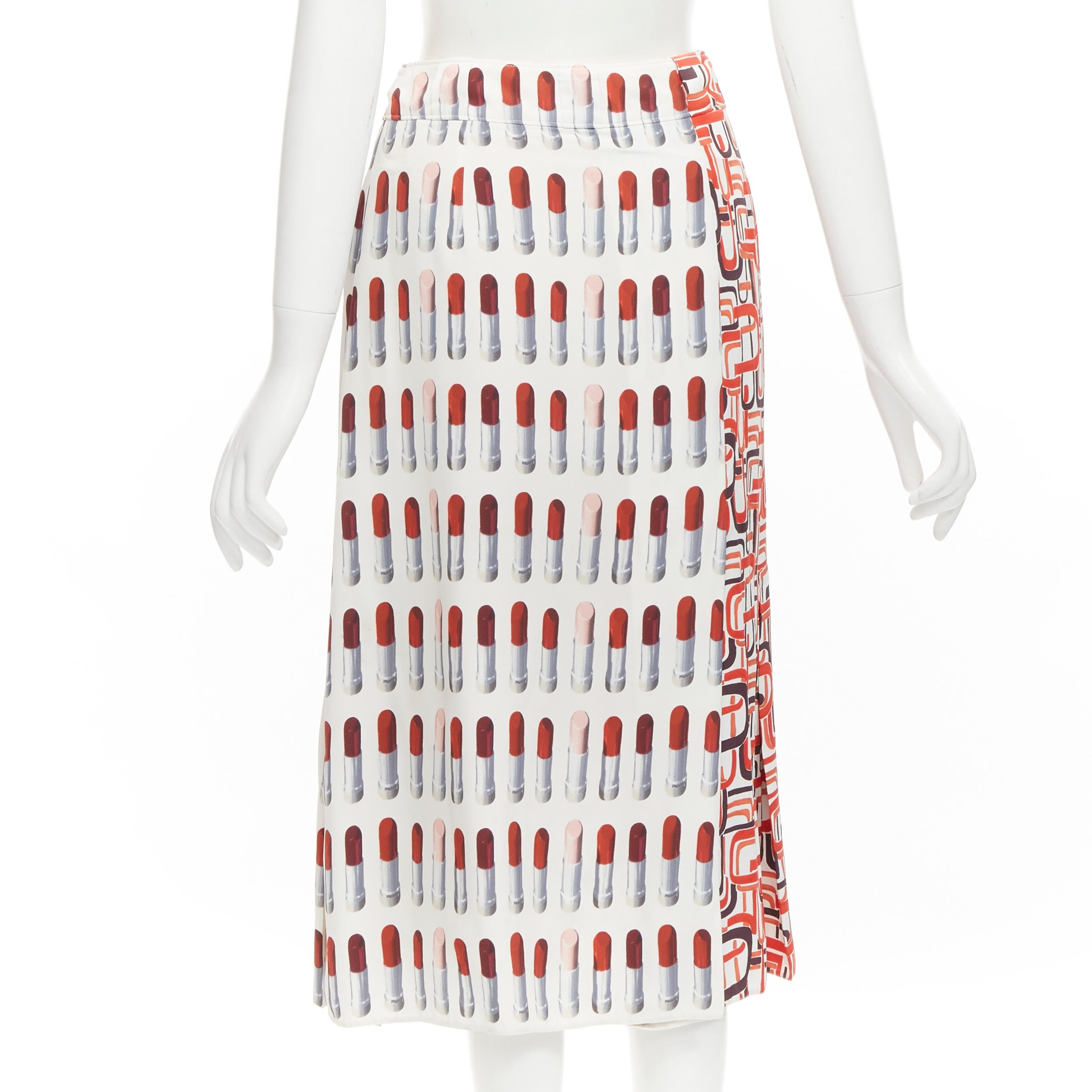 PRADA 2018 red lipstick abstract print A-line pleated slit linedskirt IT36 XXS In Fair Condition In Hong Kong, NT