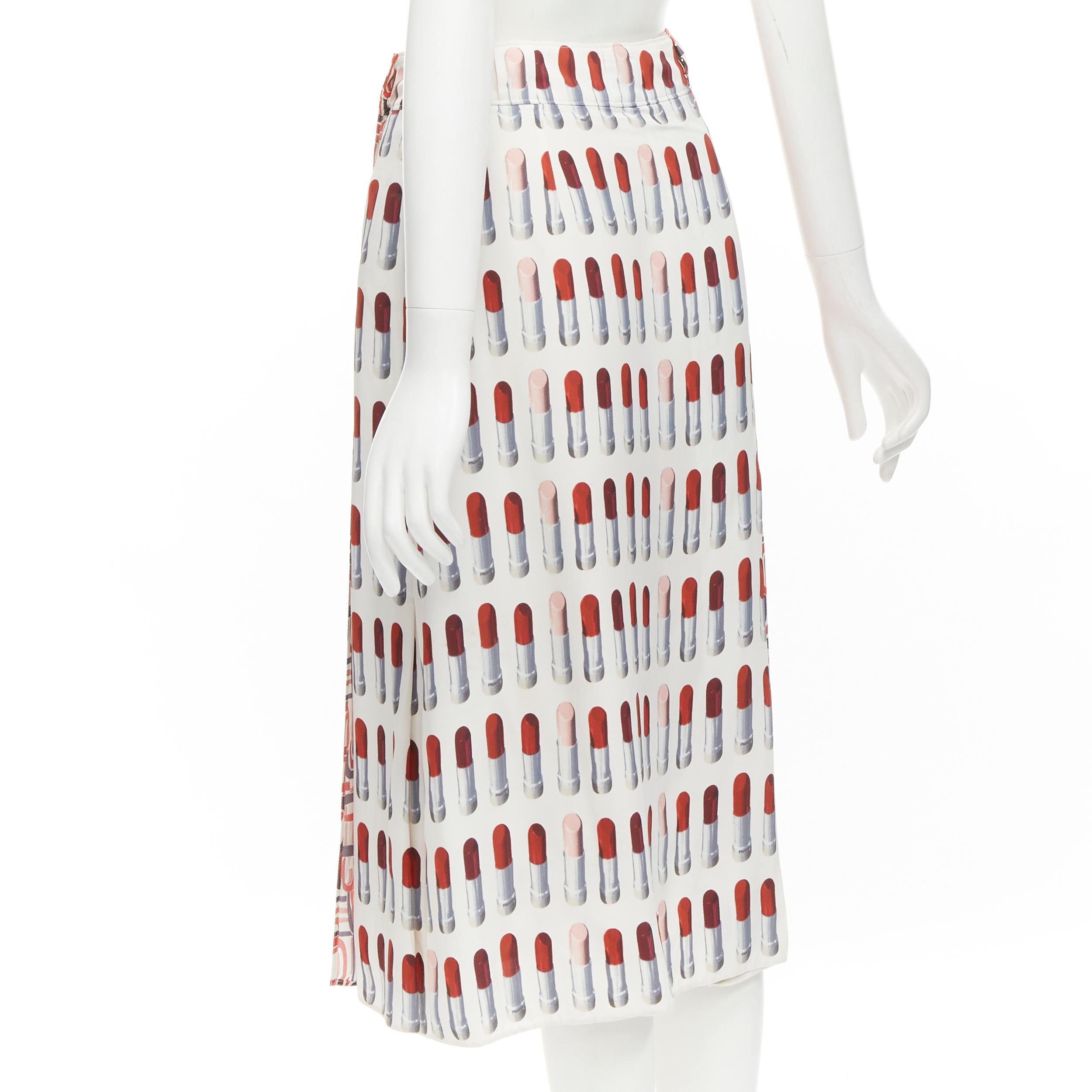 Women's PRADA 2018 red lipstick abstract print A-line pleated slit linedskirt IT36 XXS