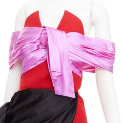 Prada 2018 Abito bustier con fascia in raso di lana vergine rosso, rosa e nero IT38 XS