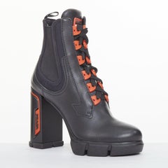 PRADA 2018 Runway black leather neoprene orange accent chunky heel boots EU37