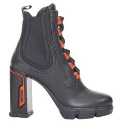 PRADA 2018 Runway black leather neoprene orange accent chunky heel boots EU37