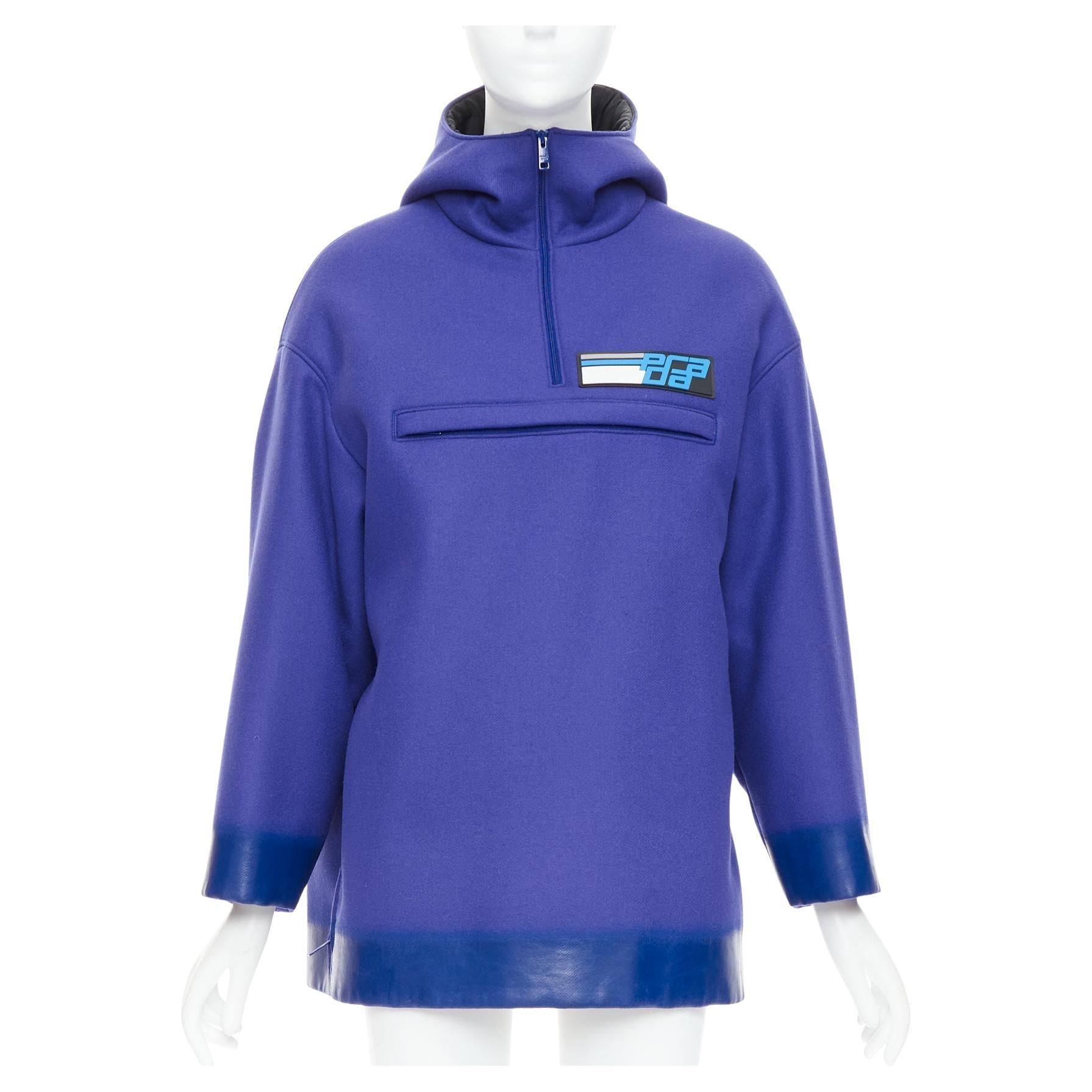 PRADA 2018 Runway blue virgin wool lacqured hem popover hoodie IT42 M