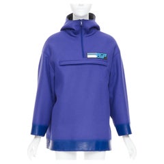 PRADA 2018 Runway blue virgin wool lacqured hem popover hoodie IT42 M