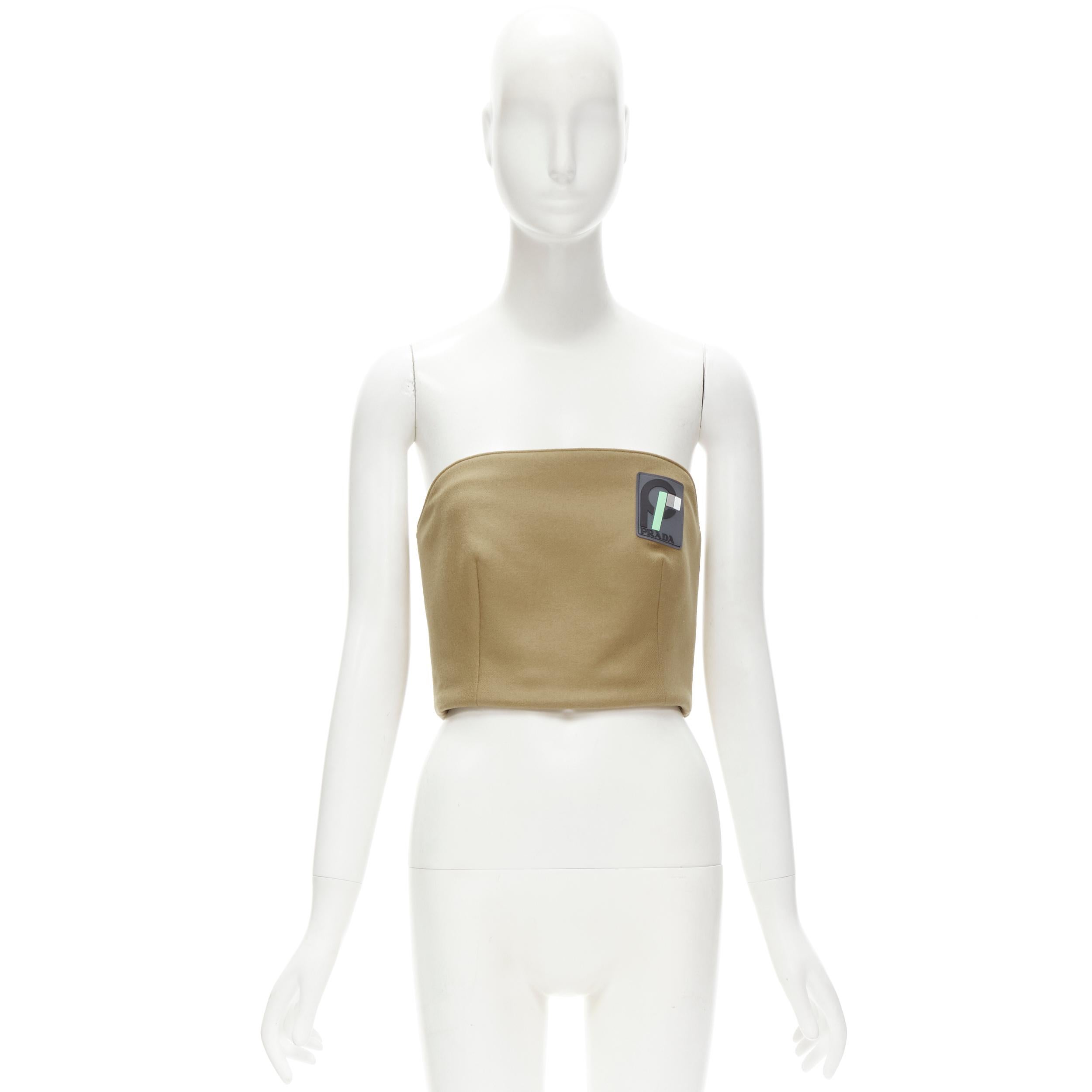 PRADA 2018 Runway brown Sports Logo rubber badge wool strapless bustier S For Sale 5
