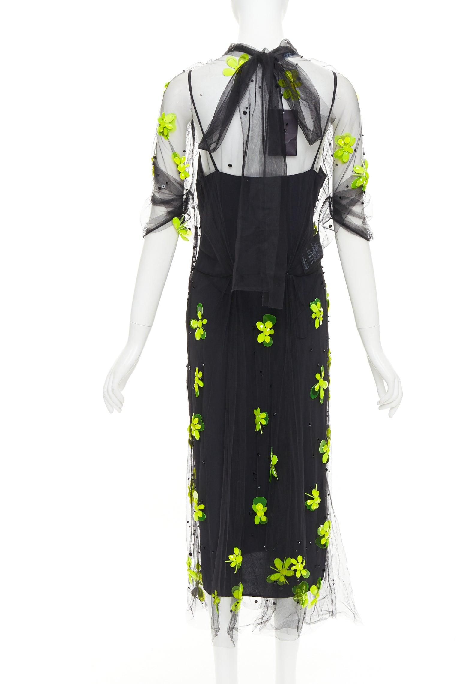 Donna PRADA 2018 Abito midi in tulle trasparente con applicazioni di perline floreali IT40 S in vendita