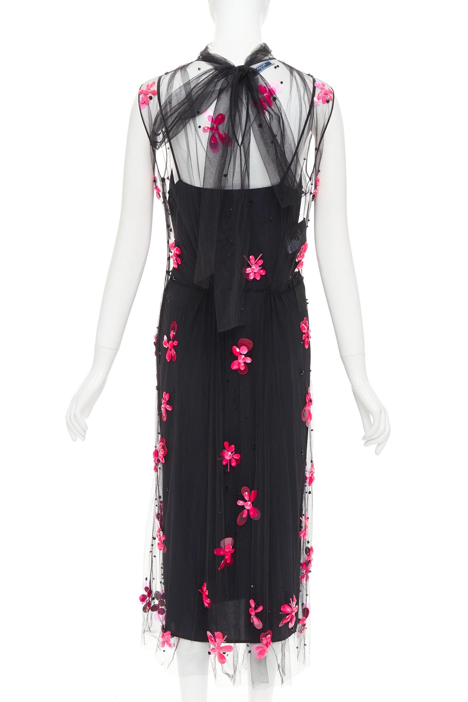 Donna PRADA 2018 Abito midi in tulle trasparente con applicazioni di perline floreali IT40 S in vendita