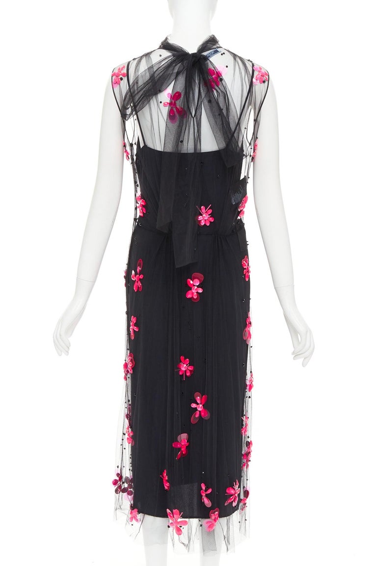 prada embroidered tulle dress PRADA 2018 Runway floral bead applique gathered tulle sheer midi dress IT40  S at 1stDibs