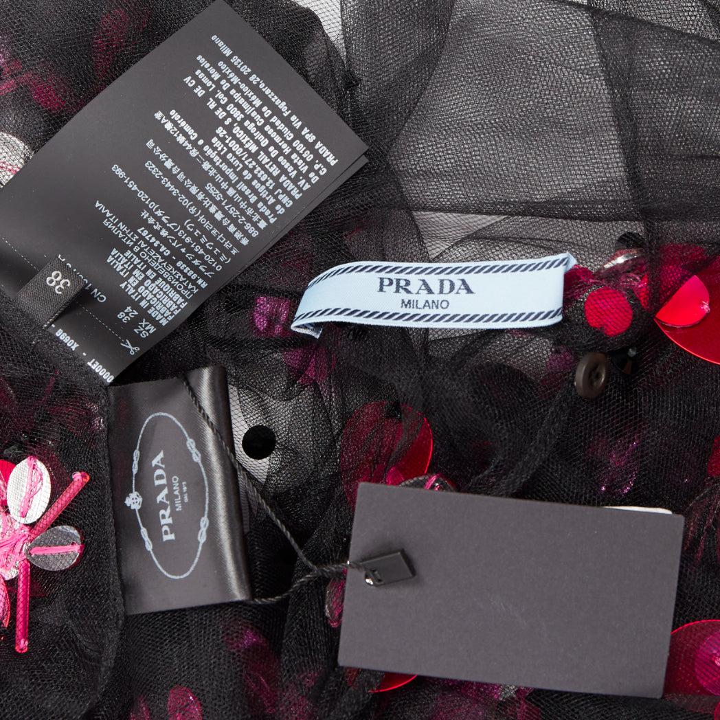 PRADA 2018 Abito midi in tulle trasparente con applicazioni di perline floreali IT40 S in vendita 3