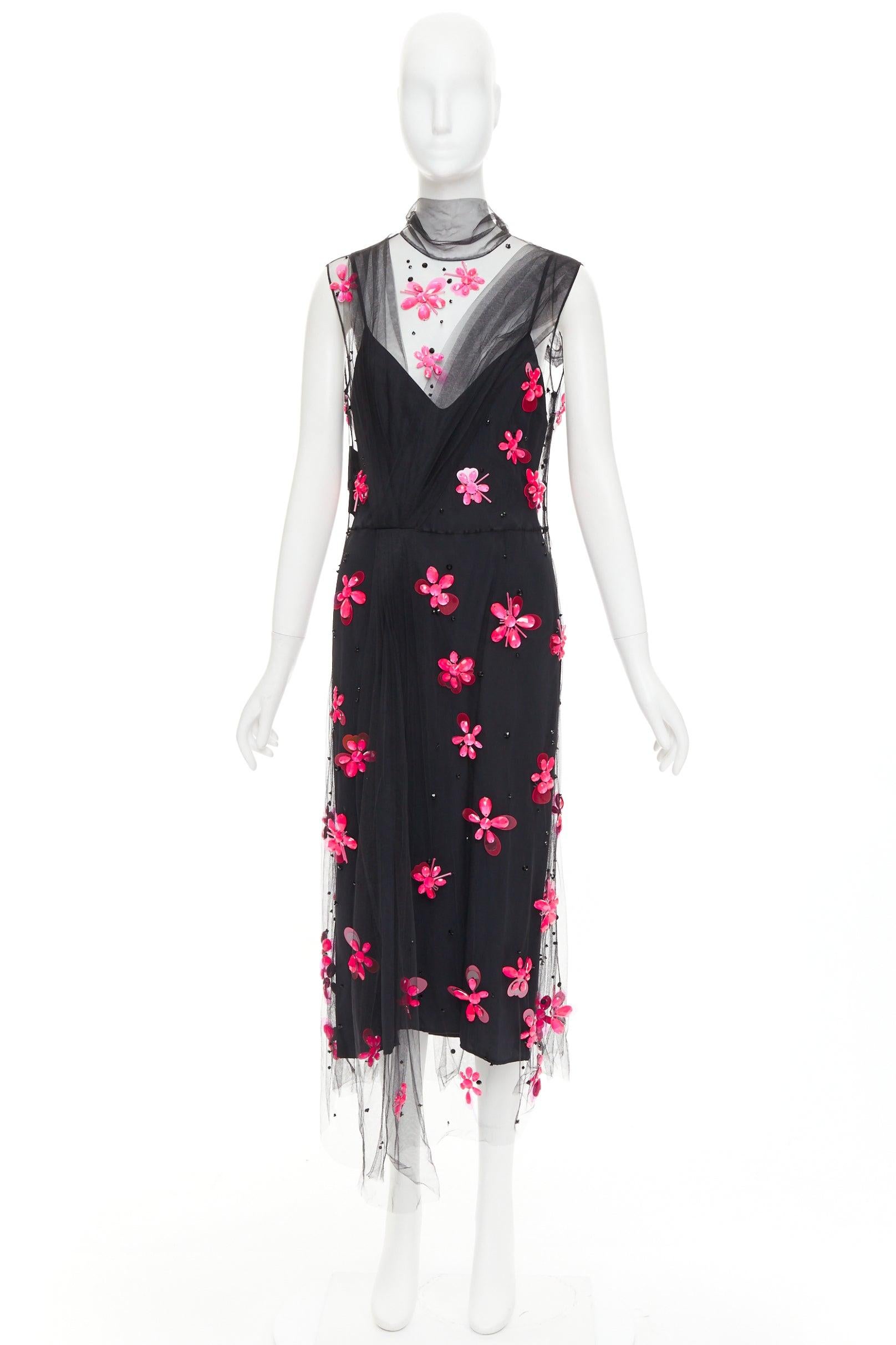 PRADA 2018 Abito midi in tulle trasparente con applicazioni di perline floreali IT40 S in vendita 4