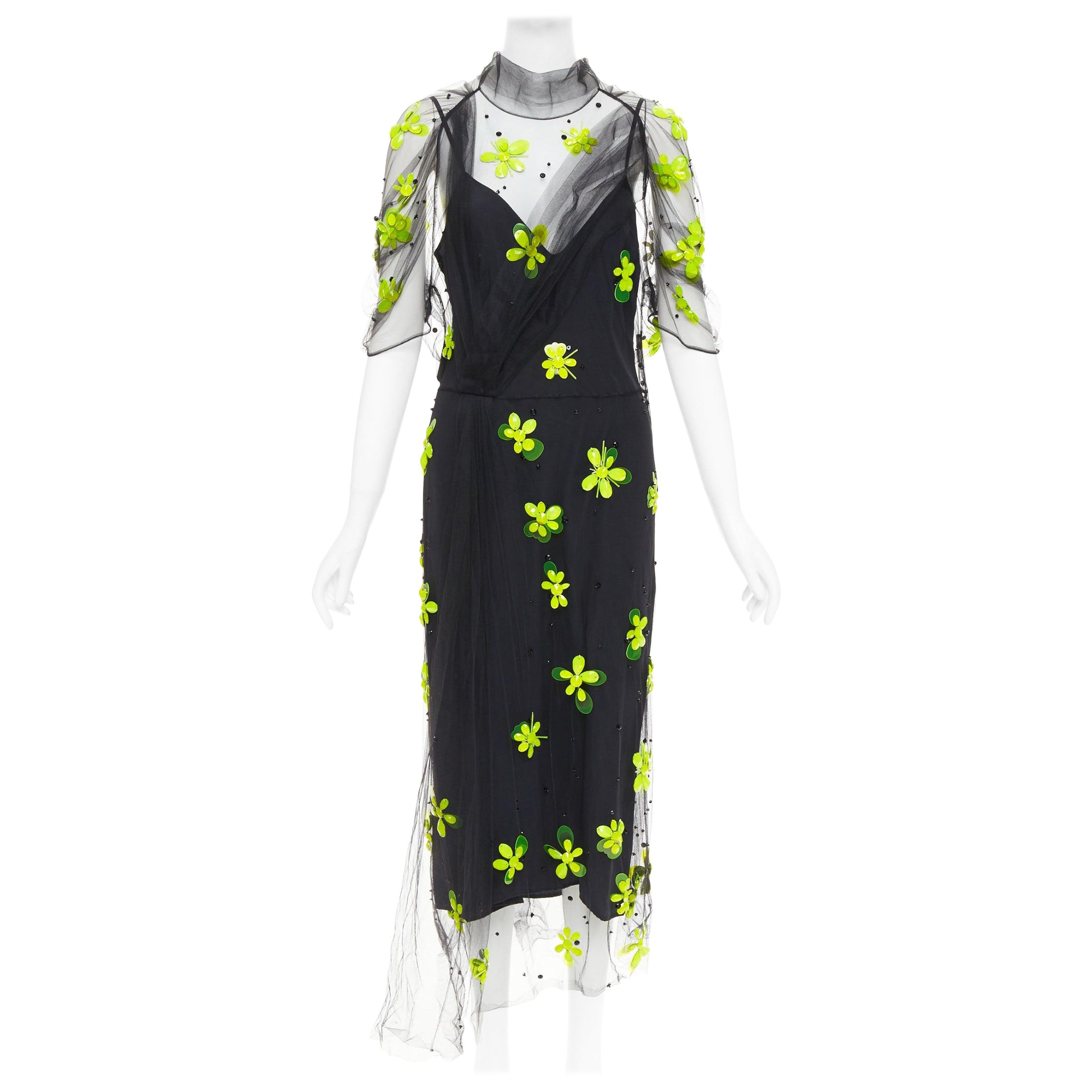 PRADA 2018 Abito midi in tulle trasparente con applicazioni di perline floreali IT40 S