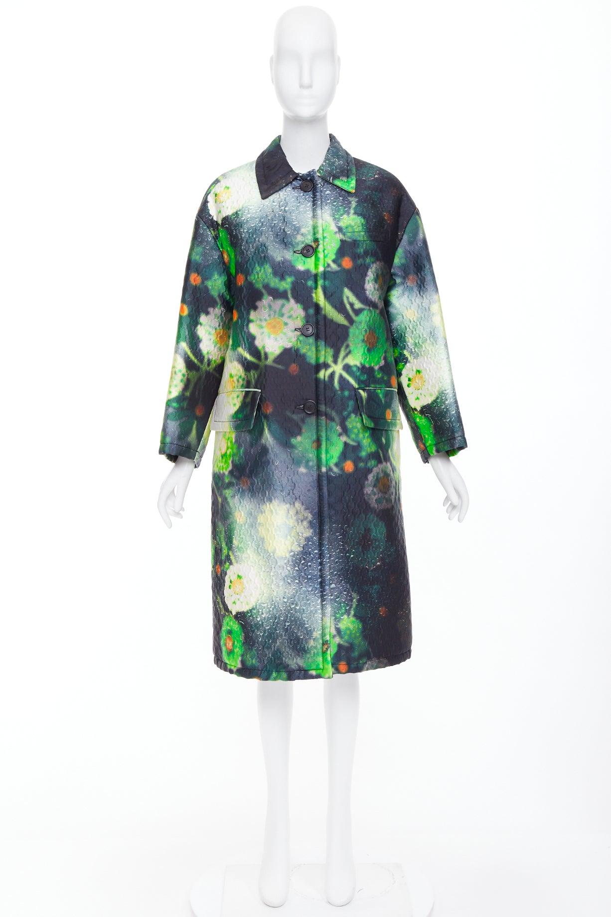 PRADA 2018 Pasarela verde negro flor estampado gota de lluvia chaqueta abrigo IT38 XS en venta 4