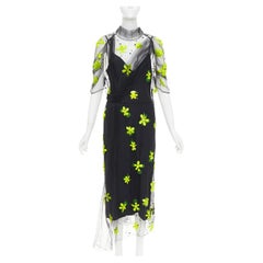 PRADA 2018 Runway Neon Floral Applique Tulle Midi Dress IT40 S