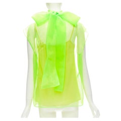 PRADA 2018 Runway neon fluorescent green bow tie neck sheer blouse top lined S