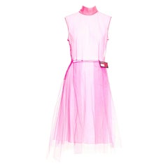 PRADA 2018 Runway Neon Technical  Tulle Abito pink rubber logo dress IT38 XS