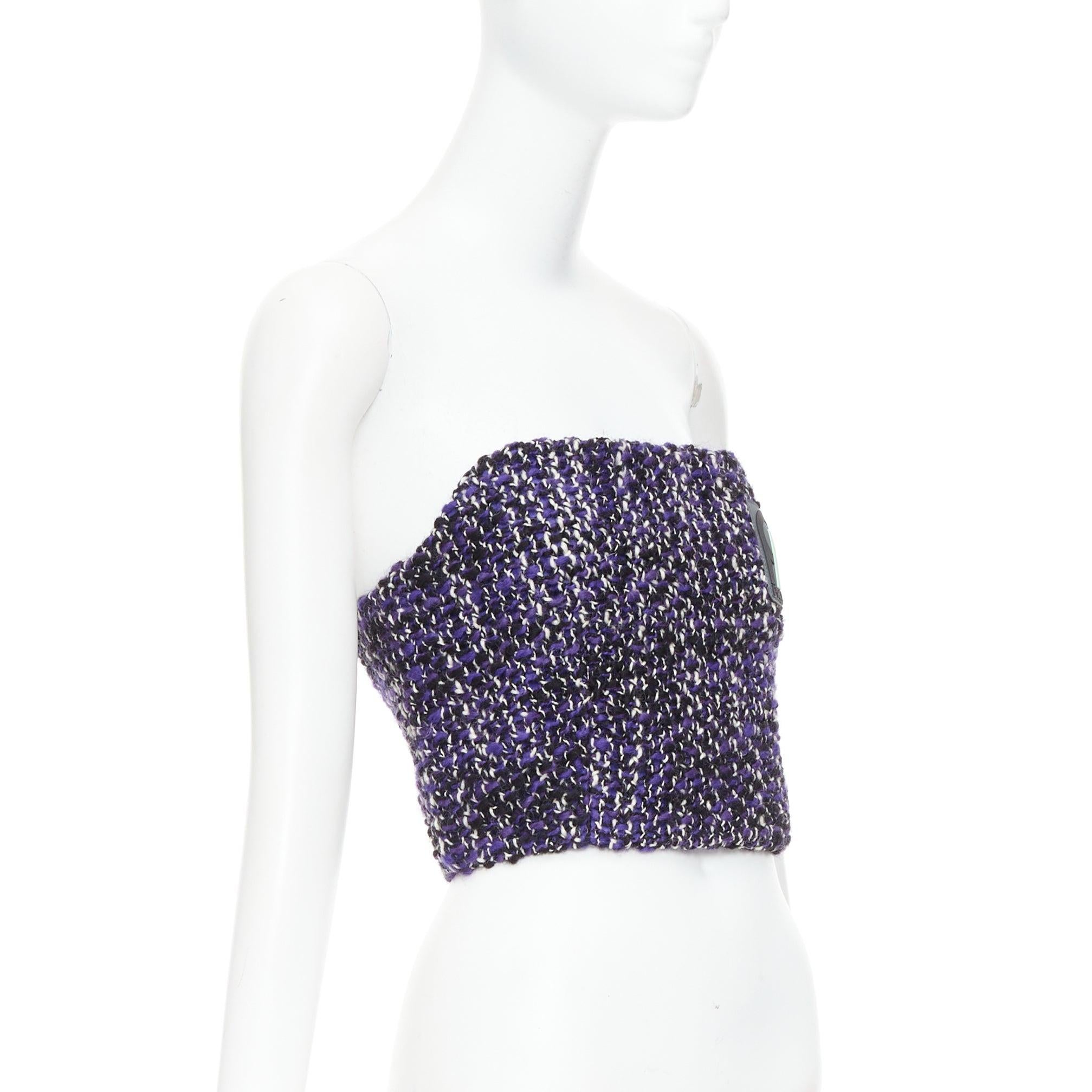 Black PRADA 2018 Runway purple wool tweed rubber badge strapless bustier tube top IT40 For Sale