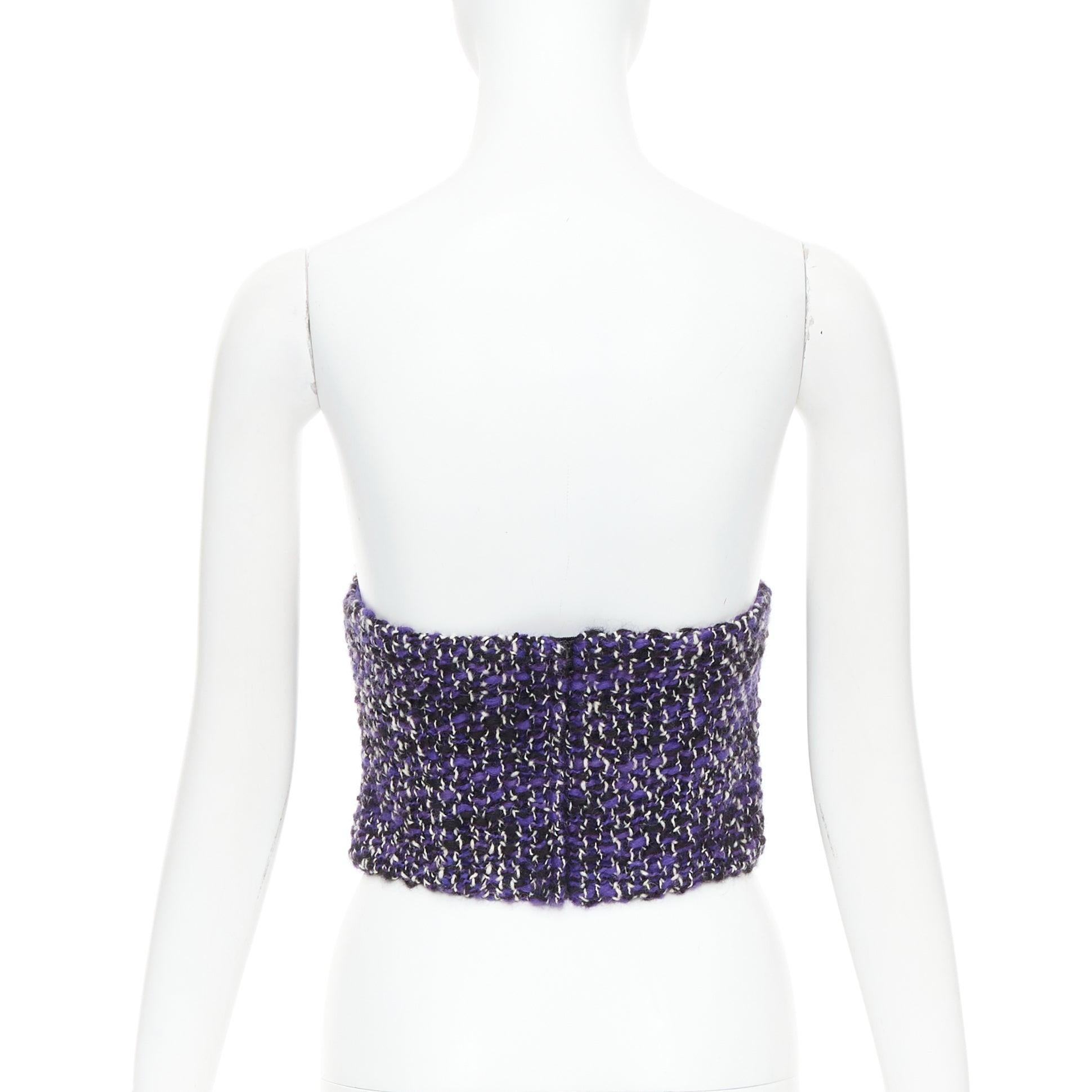 Women's PRADA 2018 Runway purple wool tweed rubber badge strapless bustier tube top IT40 For Sale