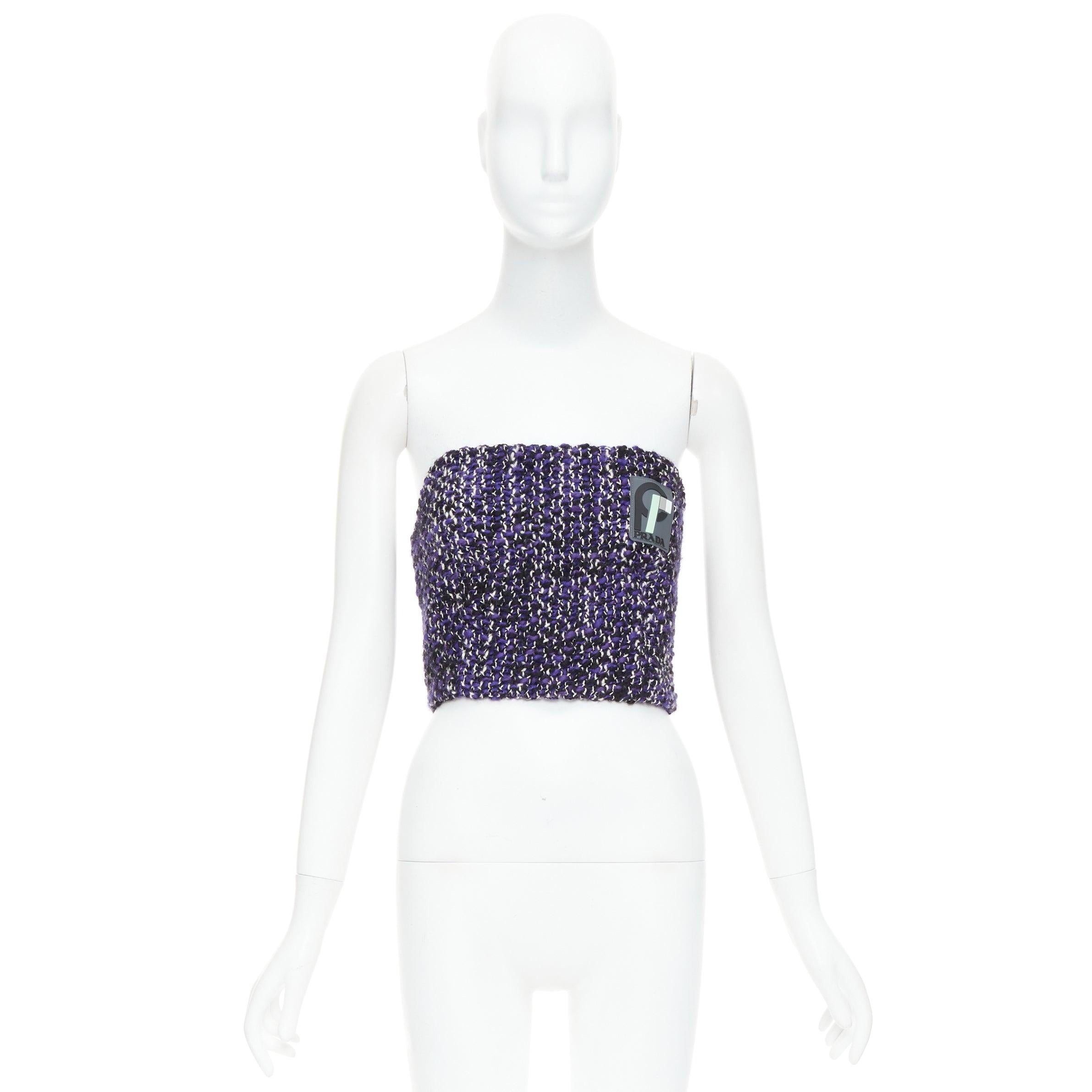 Prada 2018 Runway wool tweed rubber badge strapless bustier tube top IT40 S in vendita 5