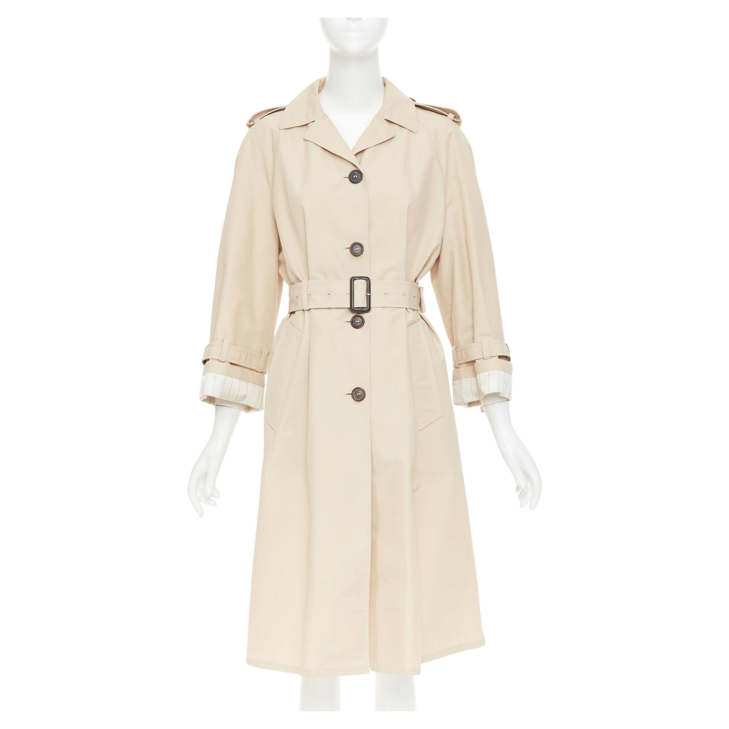 PRADA 2019 beige cotton pinstriped lined raglan sleeves belted trench coat IT36 For Sale