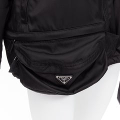 PRADA 2019 black nylon triangle logo waist bag hooded windbreaker jacket IT36 XS