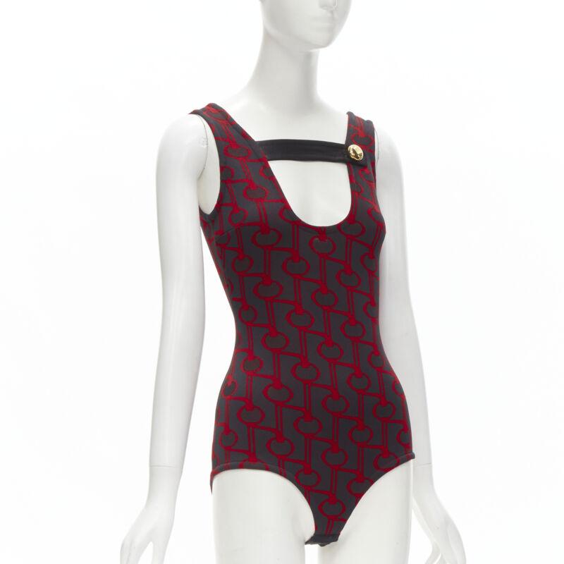 Gray PRADA 2019 black red geometric knit button strap bodysuit top S For Sale