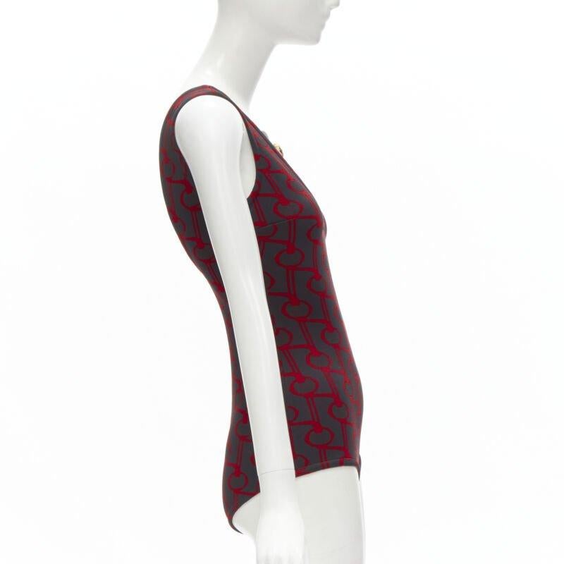 PRADA 2019 black red geometric knit button strap bodysuit top S In Excellent Condition For Sale In Hong Kong, NT