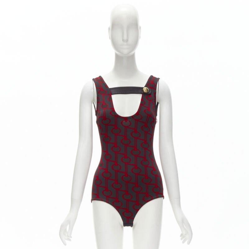 PRADA 2019 black red geometric knit button strap bodysuit top S For Sale 3