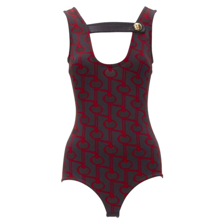 PRADA 2019 black red geometric knit button strap bodysuit top S