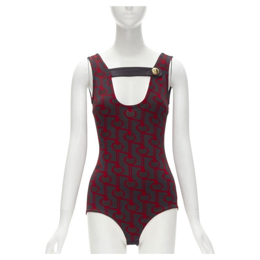 PRADA 2019 black red geometric knit button strap bodysuit top S For Sale