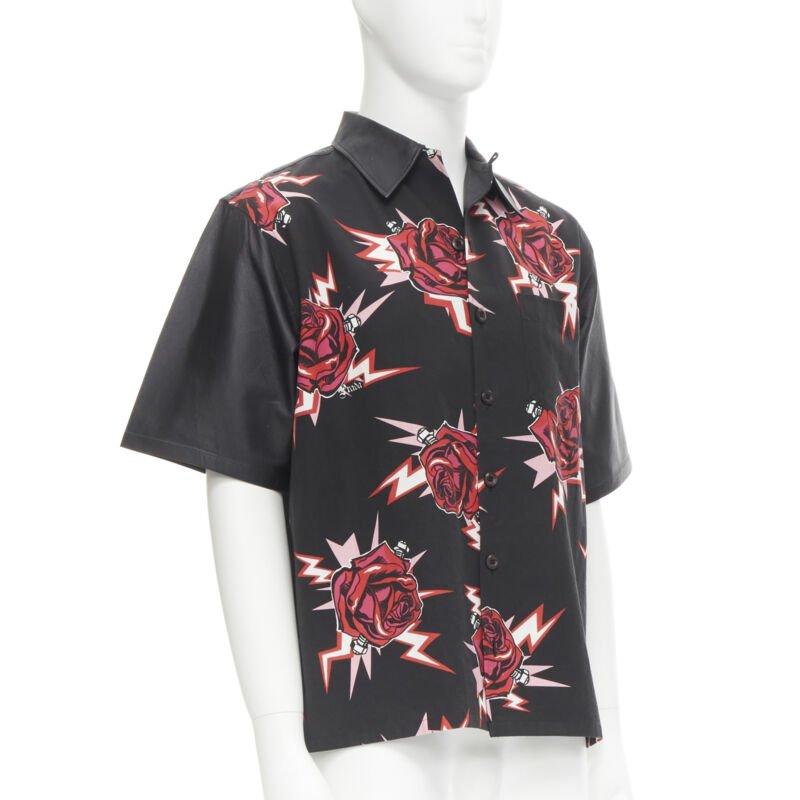 Black PRADA 2019 black red Rose Bolt cotton leather boxy bowling shirt EU48 M For Sale