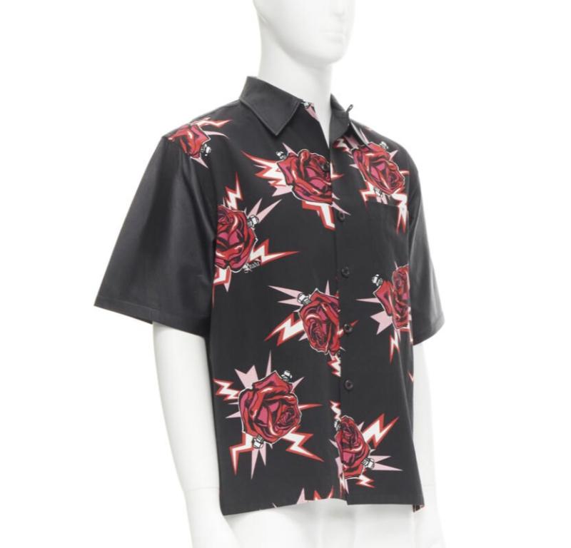 PRADA 2019 black red Rose Bolt cotton leather boxy bowling shirt EU48 M In Excellent Condition In Hong Kong, NT
