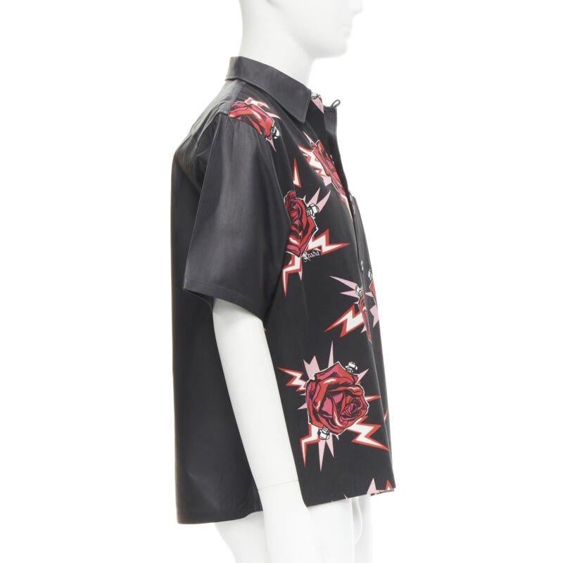 PRADA 2019 black red Rose Bolt cotton leather boxy bowling shirt EU48 M In Excellent Condition For Sale In Hong Kong, NT