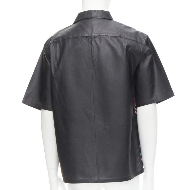 Men's PRADA 2019 black red Rose Bolt cotton leather boxy bowling shirt EU48 M For Sale