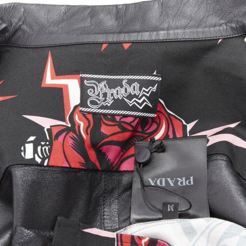 PRADA 2019 black red Rose Bolt cotton leather boxy bowling shirt EU48 M For Sale 3