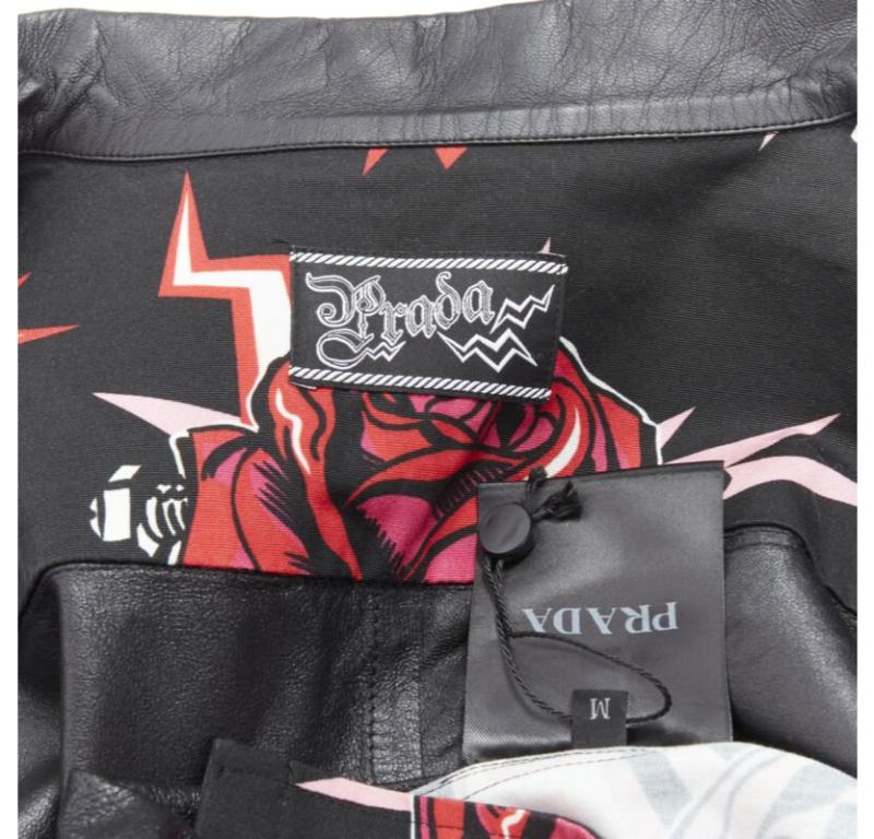 PRADA 2019 black red Rose Bolt cotton leather boxy bowling shirt EU48 M 4