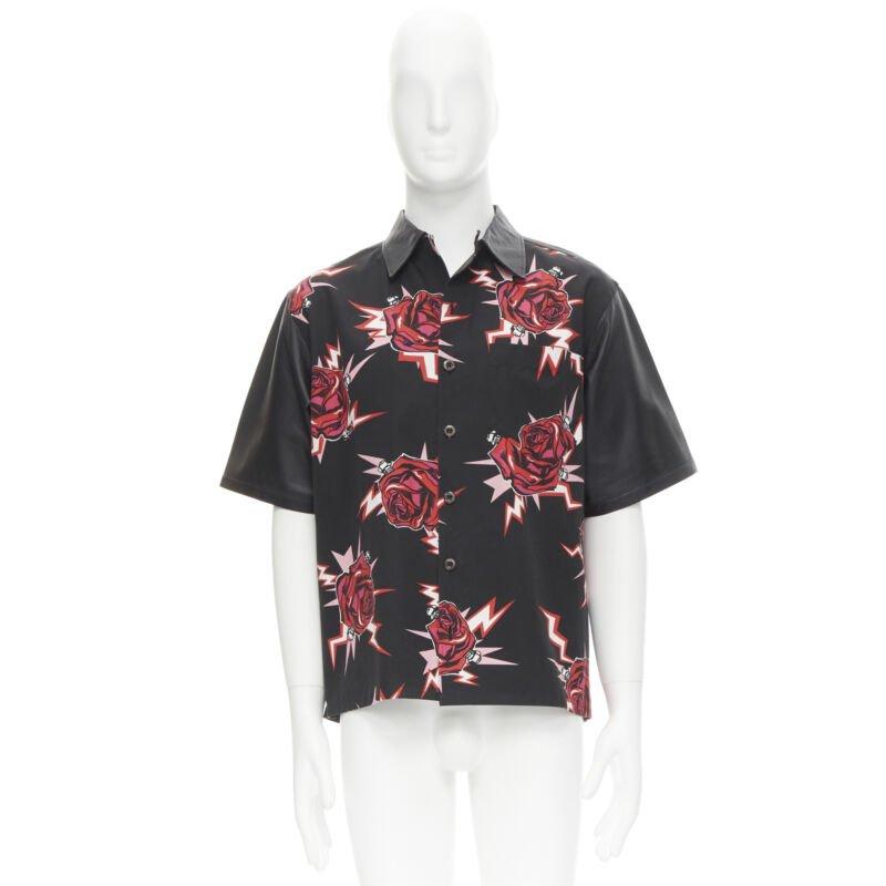 PRADA 2019 black red Rose Bolt cotton leather boxy bowling shirt EU48 M For Sale 4