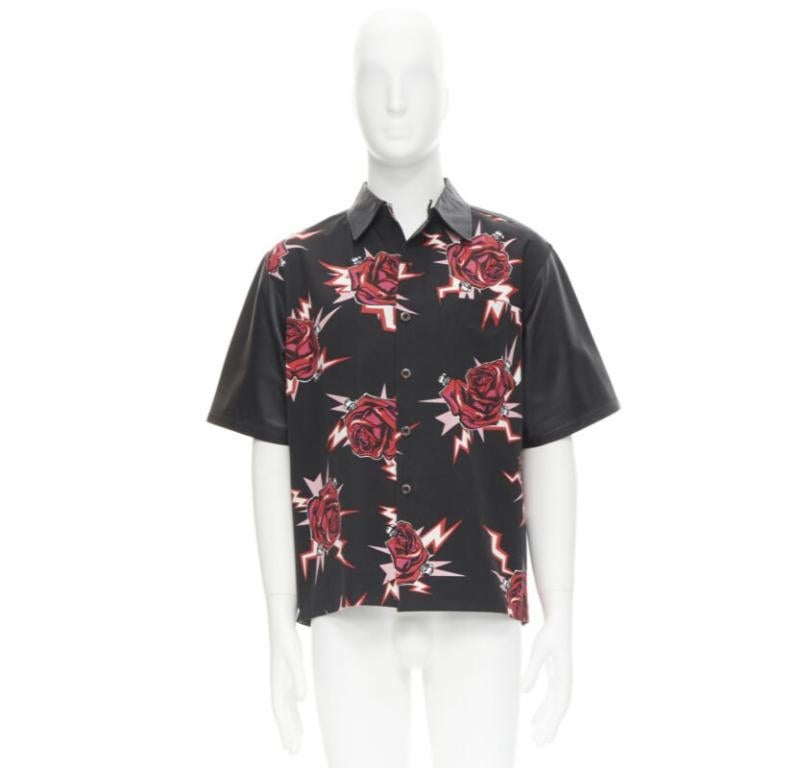 PRADA 2019 black red Rose Bolt cotton leather boxy bowling shirt EU48 M 5