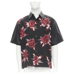 PRADA 2019 black red Rose Bolt cotton leather boxy bowling shirt EU48 M