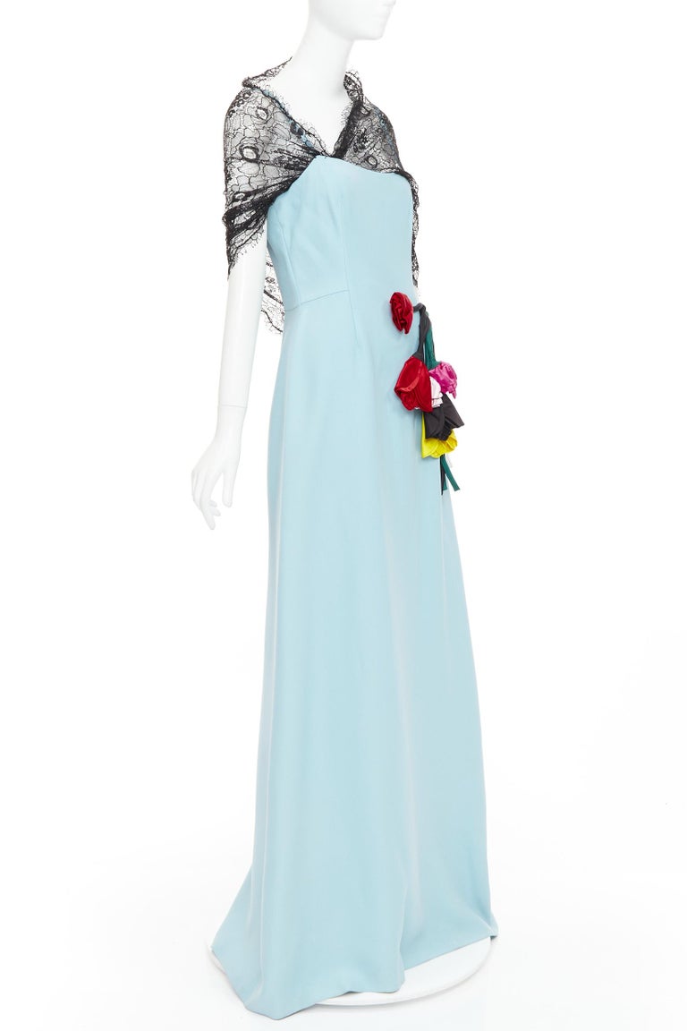 PRADA 2019 blue black draped lace floral bouquet applique gown dress IT42 M  at 1stDibs