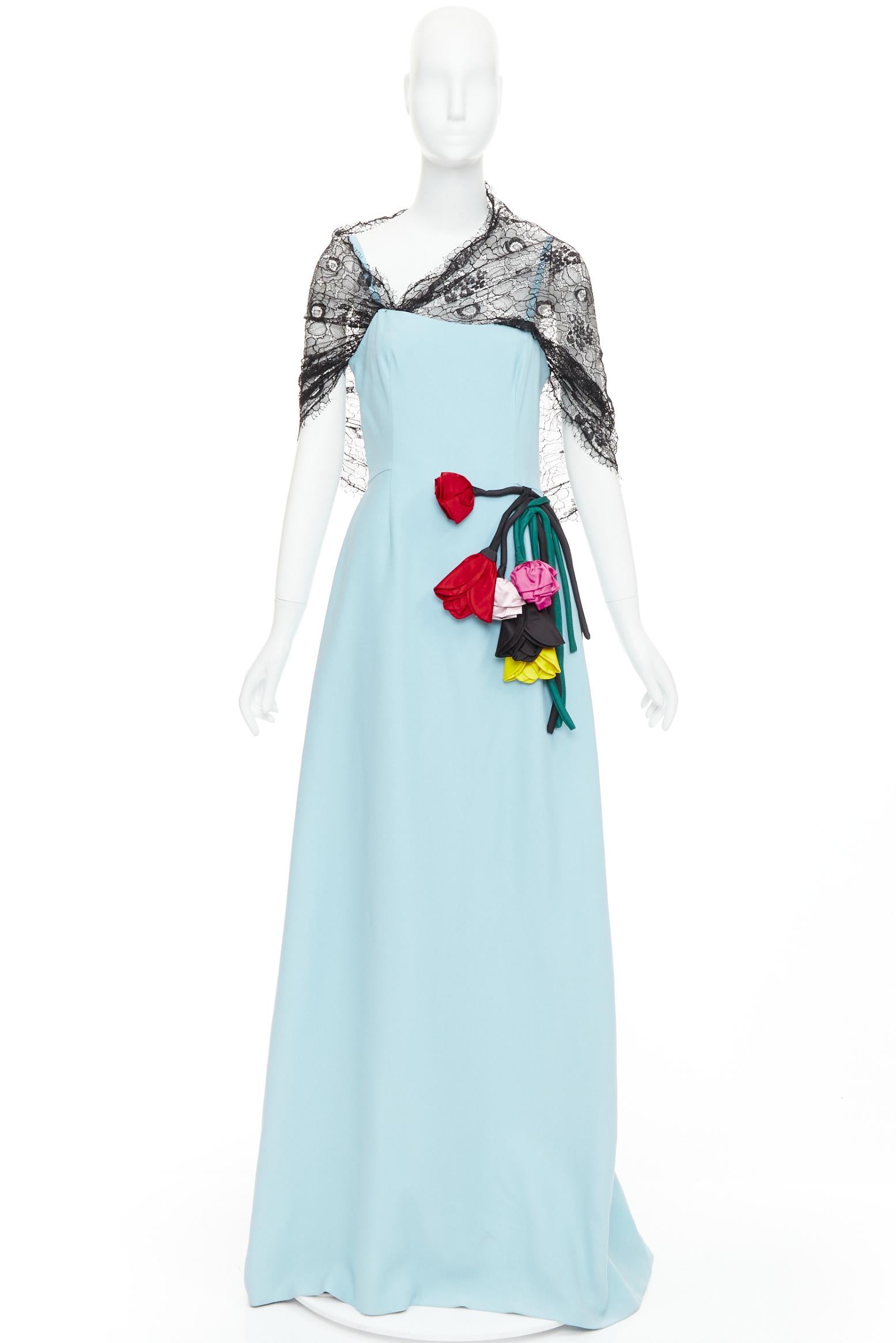 PRADA 2019 blau schwarz drapierte Spitze Blumenbouquet-Applikation Kleid IT42 M im Angebot 4
