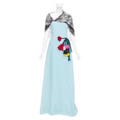 PRADA 2019 blue black draped lace floral bouquet applique gown dress IT42 M