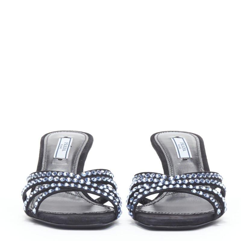PRADA 2019 sandalia azul con tiras de strass cristal punta abierta tacón medio EU36 Negro en venta