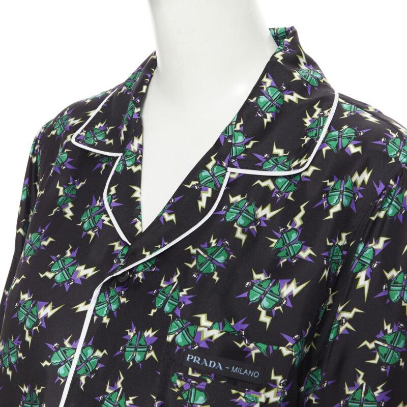 PRADA 2019 Frankenstein Micro Heart black print 100% silk pyjama shirt top M For Sale 2