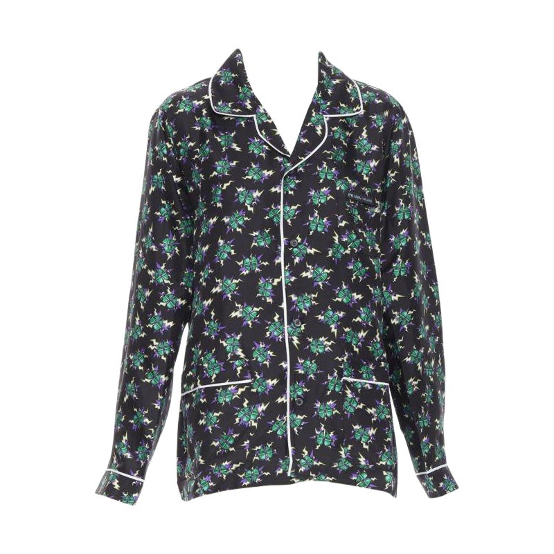 PRADA 2019 Frankenstein Micro Heart Schwarzes Pyjama-Hemd aus 100 % Seide mit schwarzem Druck M