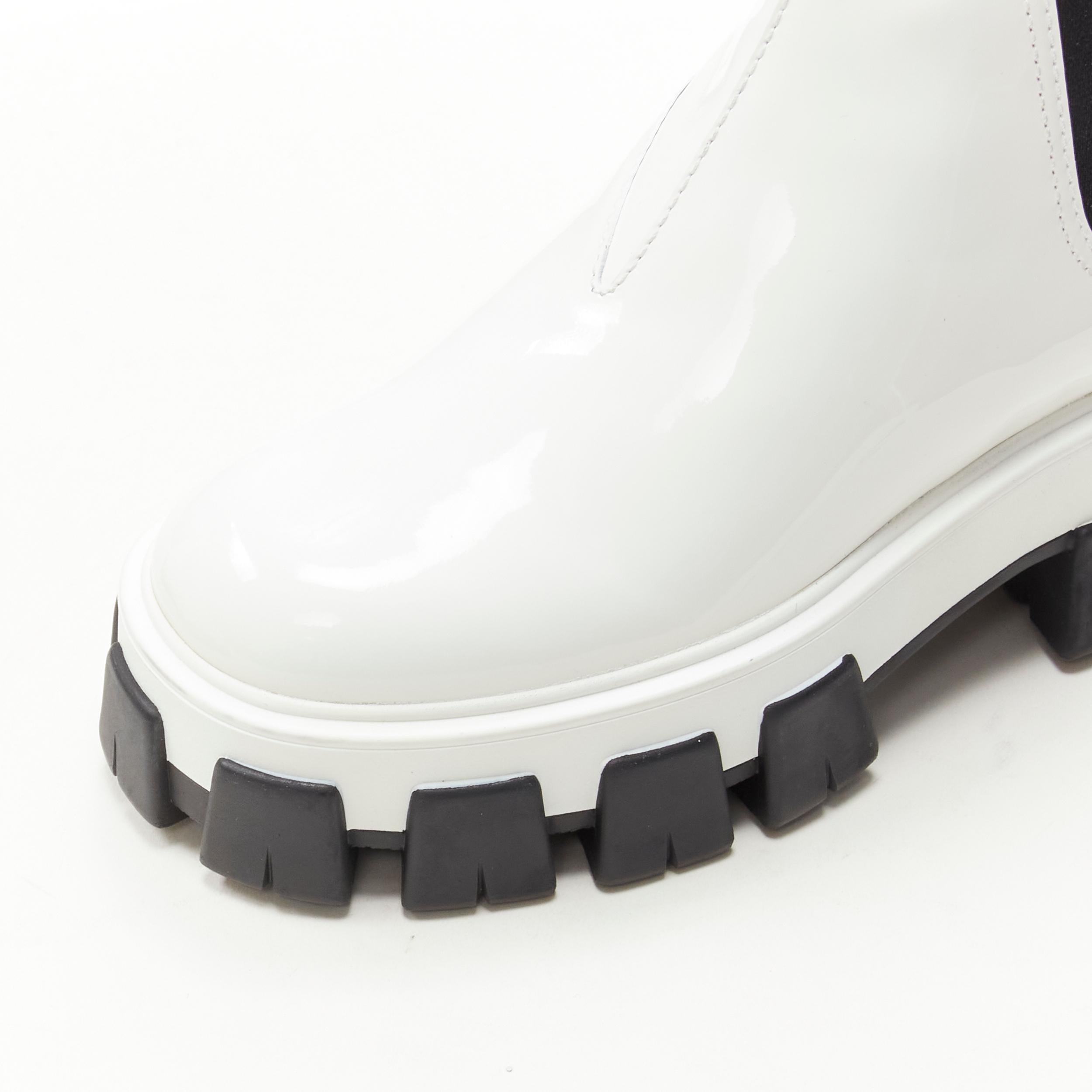 Women's PRADA 2019 Monolith white patent lug sole platform ankle boot  EU36 For Sale