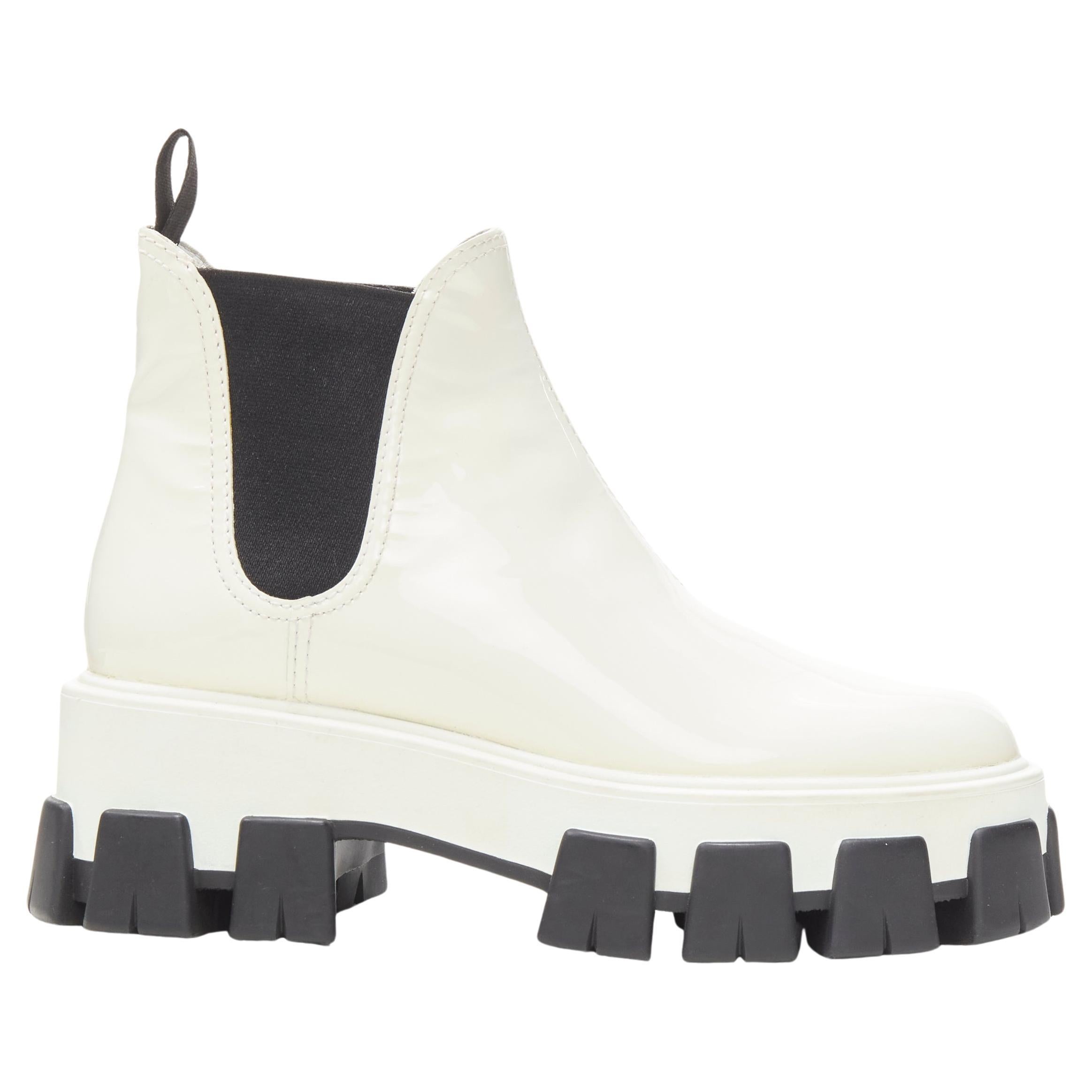 PRADA 2019 Monolith white patent lug sole platform ankle boot  EU36 For Sale