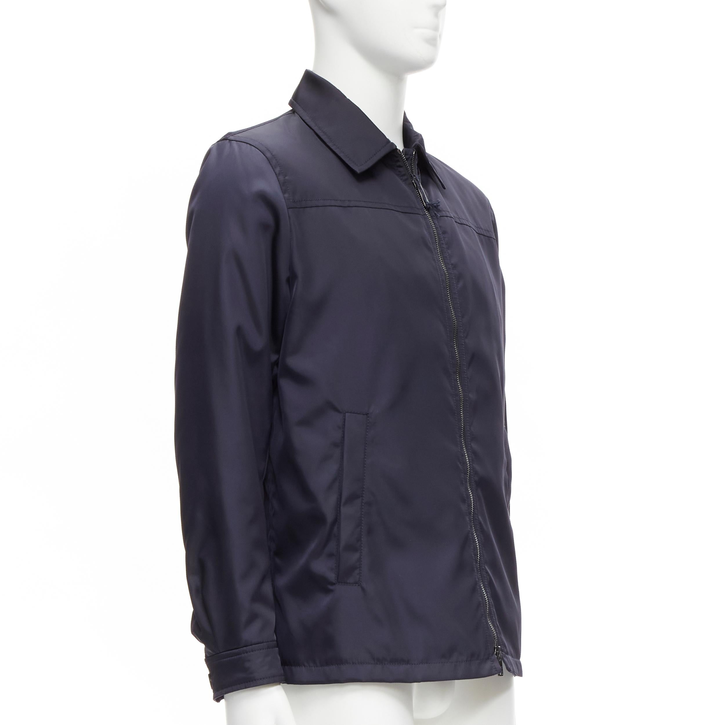 PRADA 2019 navy blue nylon zip front dual pocket minimal jacket IT46 S In Excellent Condition For Sale In Hong Kong, NT