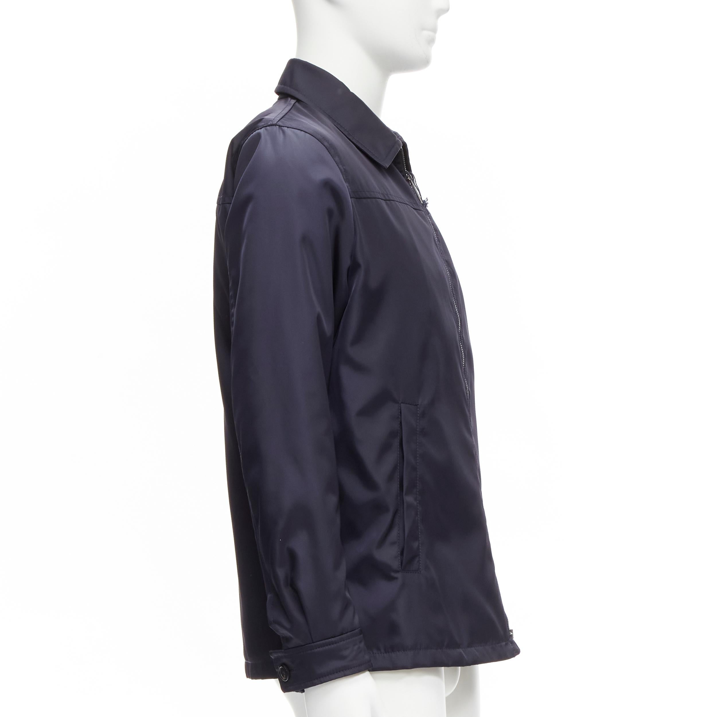 Men's PRADA 2019 navy blue nylon zip front dual pocket minimal jacket IT46 S For Sale