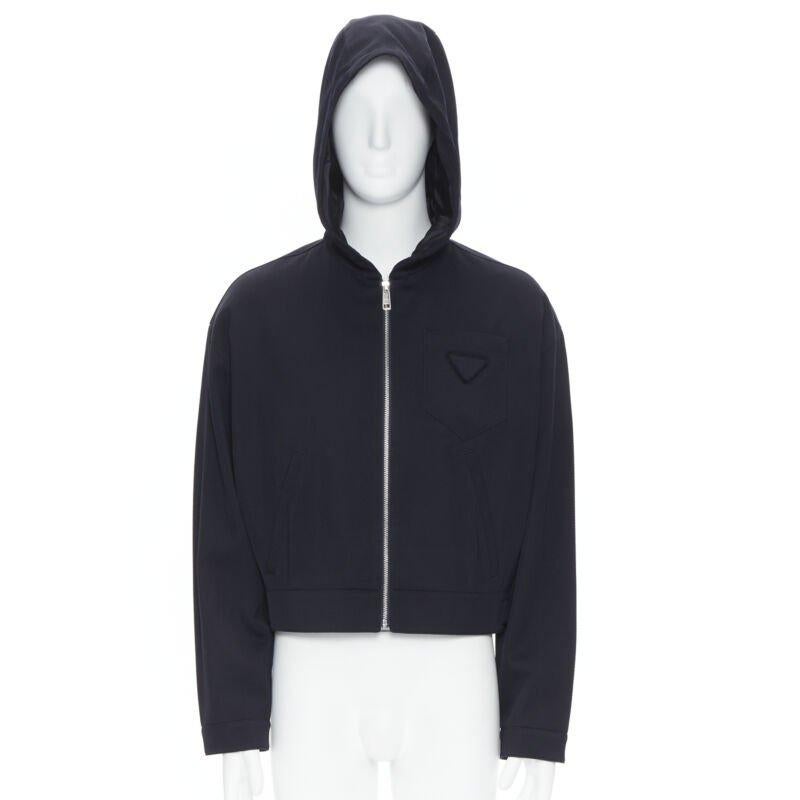 Noir PRADA 2019 navy blue wool triangle pocket cropped zip up hoodie jacket L en vente