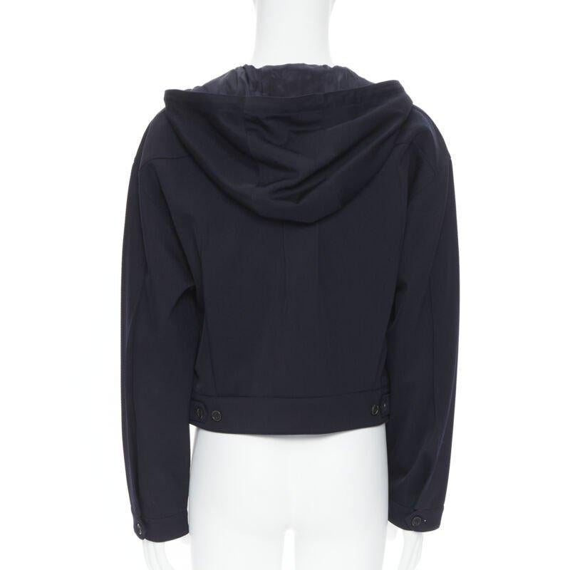 PRADA 2019 navy blue wool triangle pocket cropped zip up hoodie jacket L en vente 1